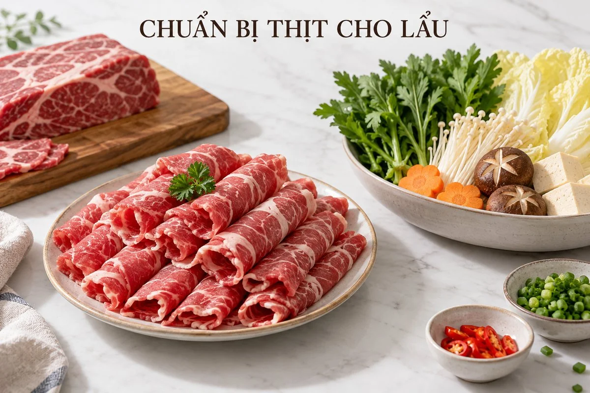 Lát bò sống cuộn và rau để riêng cho lẩu