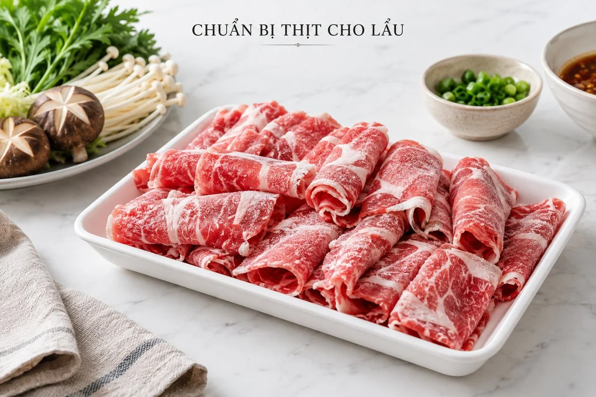 Lát bò đông cuộn mỏng trong khay