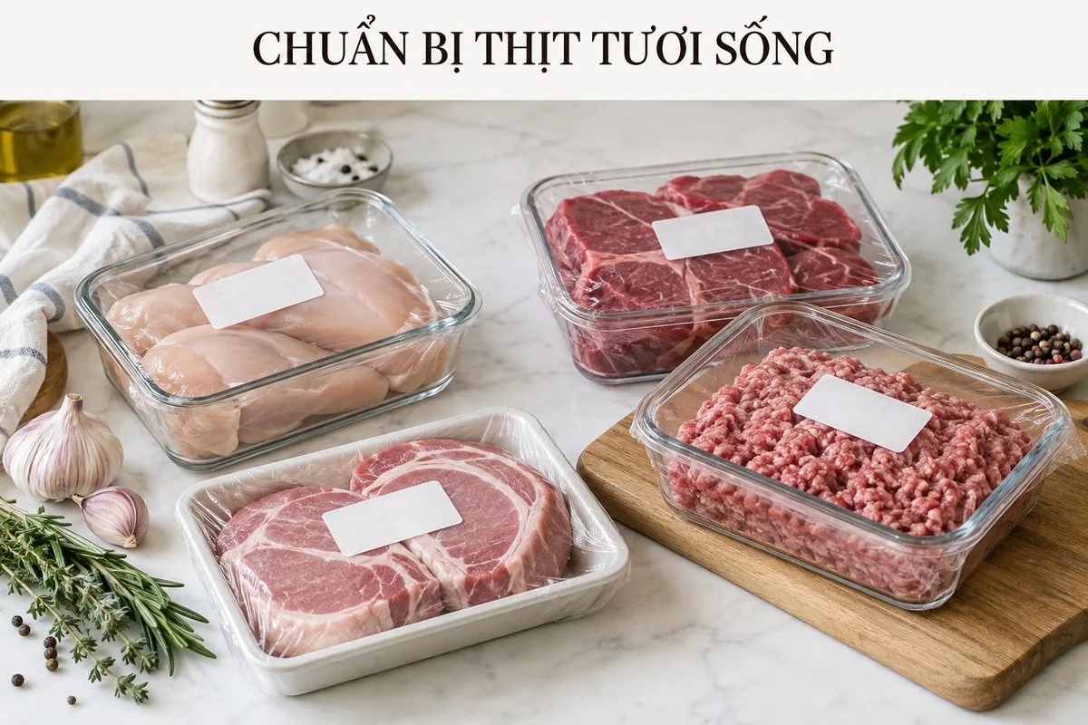 Hộp thịt sống và nhãn ngày